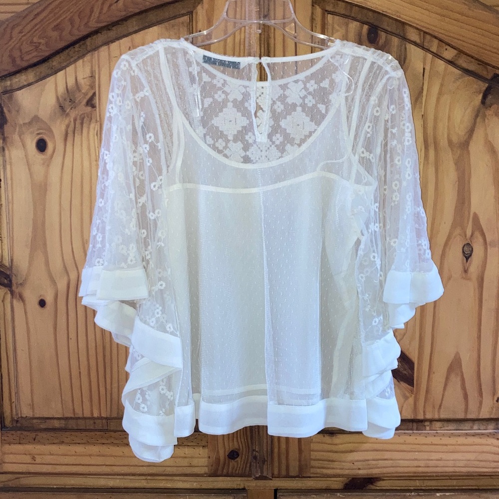 Women Zara Basic 3/4 sleeve cream lace 2 piece shirt blouse size L - Picture 5 of 5